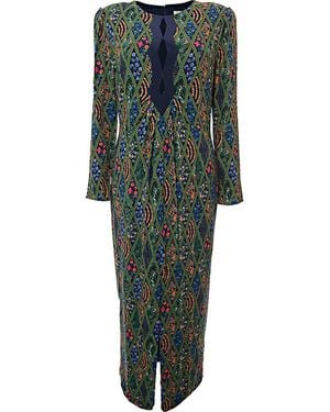 Saloni Jinx-C Dress Stretch Cady Cut Out Wave Rd Nk Ls Midi W Front Slit - Green