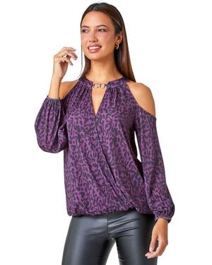 Roman Animal Print Cold Shoulder Stretch Top - Purple