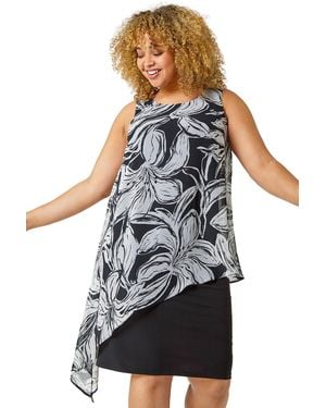 Roman Curve Contrast Floral Overlay Dress - Black