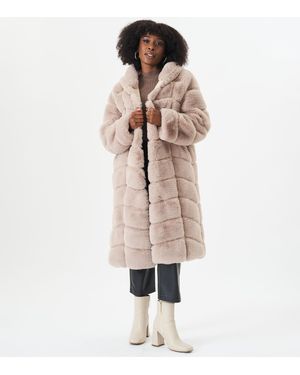 Gini London Panelled Hooded Longline Fur Coat - Natural