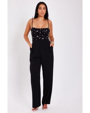 Quiz Embellished Mesh Bodice Jumpsuit - Blue
