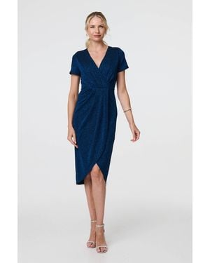 Izabel London Sparkly Ruched Short Sleeve Midi Dress - Blue