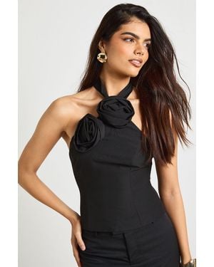 Boohoo Crepe Twist Rose Detail Halterneck Top - Black