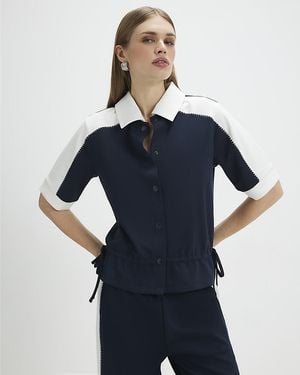 River Island Polo Shirt Short Sleeve Collared Button Viscose - Blue