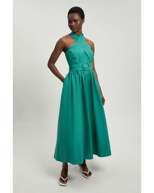 Karen Millen Petite Cotton Poplin Cross Over Halter Neck Woven Midi Dress - Green