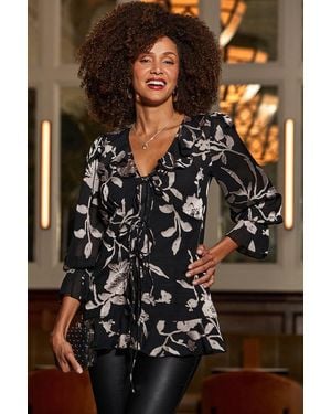 Sosandar Shimmering Floral Print Ruffle Blouse - Black