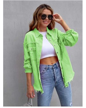 Everyday the Label Distressed Drop Shoulder Fringe Denim Jas - Groen