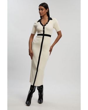 Karen Millen Petite Knit Rib With Contrast Waist Detail Collared Short Sleeve Midi Dress - White