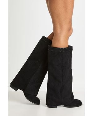 Boohoo Wide Fit Fold Over Block Heel Knee High Boots - Black