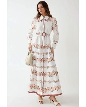Hiccup Printed Long Sleeve Maxi Dress With Belt - White