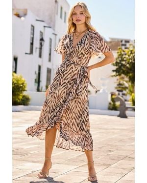 Sosandar Natural Zebra Print Faux Wrap Midi Dress - Brown