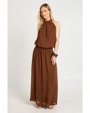 Boohoo Petite Chiffon Ruched Drop Waist Halter Neck Maxi Dress - Brown