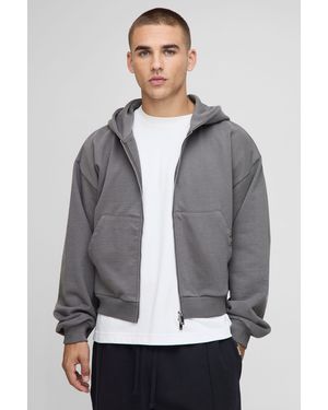 BoohooMAN Premium Script Heavyweight Shrunken Fit Zip Through Hoodie - Grey