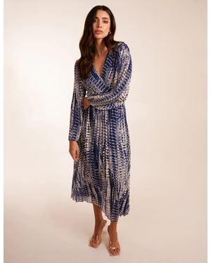 Blue Vanilla Pleated Abstract Snake Print Wrap Dress - Blue
