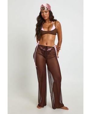 Boohoo Sheer Mesh Wide Leg Beach Trousers - Brown