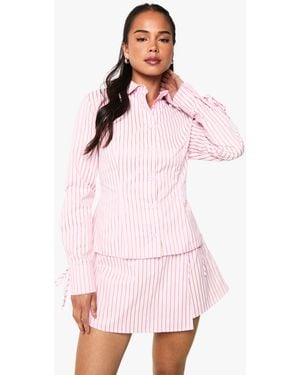 Boohoo Stripe Poplin Tie Cuff Shirt - Pink