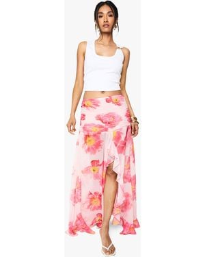 Boohoo Floral Chiffon Ruffle Split Leg Maxi Skirt - Red