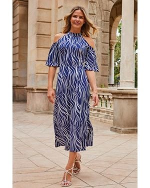 Sosandar Swirl Print Jersey Cold Shoulder Midi Dress - Blue