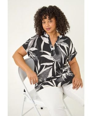 Roman Curve Leaf Print Textured Shirt - White
