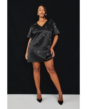 Boohoo Plus V Neck Shift Diamante Overall - Black
