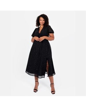 Lovedrobe V-Neck Short Sleeve Midi A-Line Dress - Black