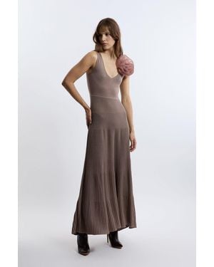 Karen Millen Viscose Blend Knit Corsage Detail Maxi Dress - Brown