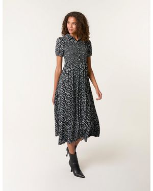 Blue Vanilla Ditsy Floral Puff Sleeve Shirred Dress - Blue