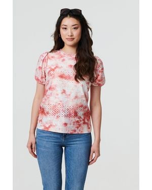 Izabel London Tie Dye Cut Out Texture Short Sleeve Top - Red