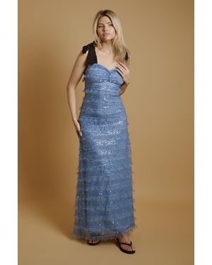 Oasis Tiered Sequin Mesh Tie Shoulder Maxi Dress - Blue
