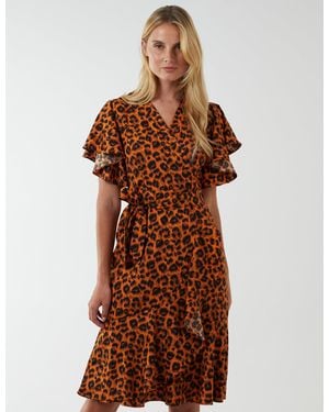 Blue Vanilla Ladies Leopard Print Wrap Ruffle Midi Dress - Brown