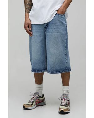BoohooMAN Longline Acid Wash Denim Jorts - Blue