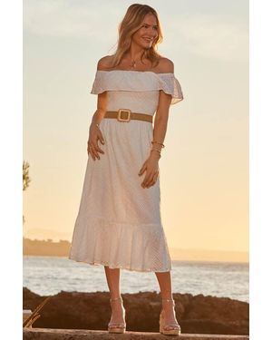 Sosandar Broderie Anglaise Detail Bardot Dress With Belt - Natural