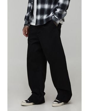 BoohooMAN Tall Wide Fit Half & Waistband Washed Twill Trouser - Black