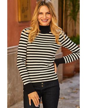 Sosandar Stripe Print Roll Neck Zip Detail Jumper - Brown