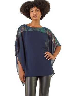 Roman Sequin Yoke Contrast Chiffon Top - Blue