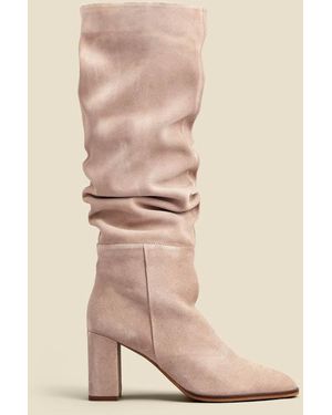 Sosandar Taupe Suede Block Heel Slouch High Leg Boots - Natural