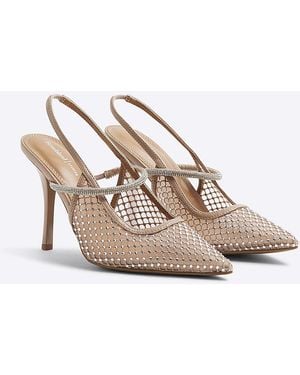 River Island Court Shoes Mesh Diamante Slingback Textile - Natural