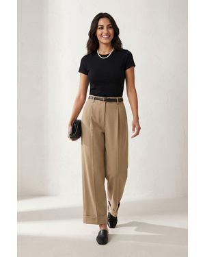 My Fashion Belted Turnup Leg Pleated Trousers - Natural