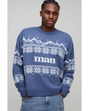 BoohooMAN Oversized Boxy Fair Isle Christmas Jumper - Blue