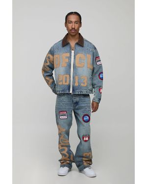 BoohooMAN Oversized Boxy Paint Splatter Applique Jean Jacket - Blue