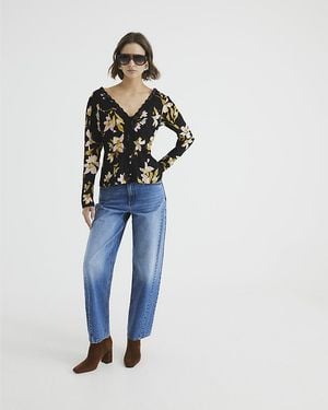 River Island Top Long Sleeve Floral Lace Trim Viscose - Blue