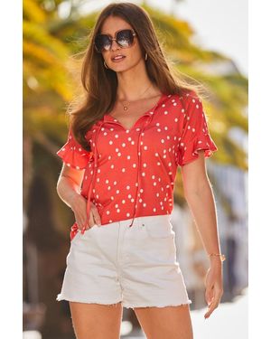 Sosandar Spot Print Tie Neck Ruffle Sleeve Jersey Top Viscose - Red