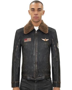 Infinity Leather Badged Vintage Bomber Jacket-Tunis - Black