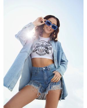 Pink Vanilla Embellished Diamante Denim Shorts - Blue