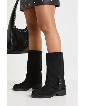 Boohoo Buckle Detail Fold Over Calf High Boots - Black