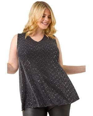 Roman Curve Sparkle Vest Stretch Top - Black