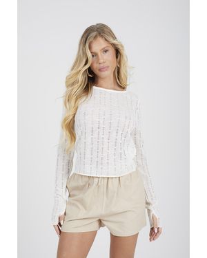 Brave Soul Off 'Arda' Textured Mesh Long Sleeve Top - White