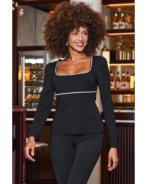 Sosandar Diamante Trim Square Neck Top - Black