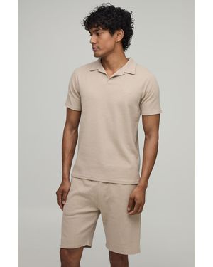 BoohooMAN Slim Fit Waffle Revere Polo & Short Set - Natural