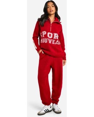 Boohoo Petite Sport Nouveau Knitted Zip Neck Oversized Jumper And Cuffed Jogger Set - Red